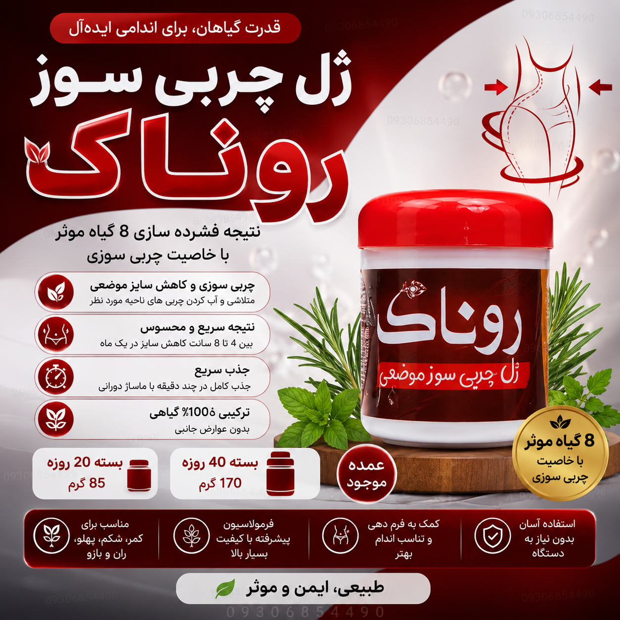 🔥 ژل چربی‌سوز روناک(بیست روزه ) | فرمول گیاهی، جذب سریع، مناسب فرم‌دهی موضعی